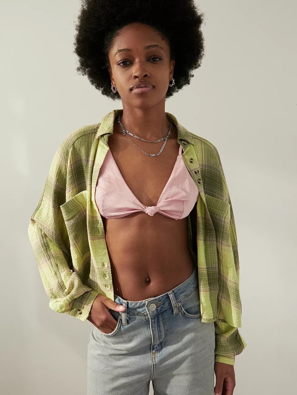 BDG Urban Outfitters Lou Textured Button-Down Plaid Green Shirt Top L